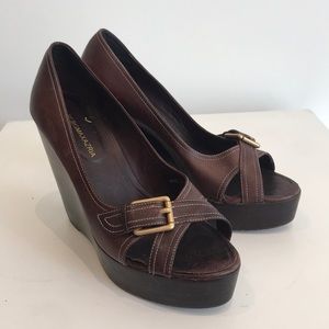 BCBGMAXAZRIA Peep Toe Wedges with Wood Heel